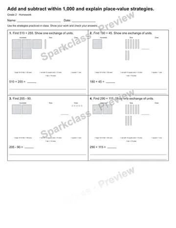Add and subtract within 1,000 and explain place-value strategies. — Homework — Grade 2 worksheet preview