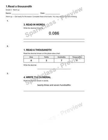 1.Read a thousandth — Warm-up — Grade 5 worksheet preview