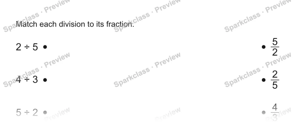 Match each division to its fraction. 2 ÷ 5 4 ÷ 3 5 ÷ 2 5/2 2/5 4/3 — page 1