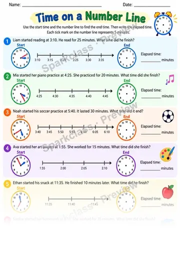 2.MD.C.7 · Time Number Line Reinforcement — Grade 2 worksheet preview