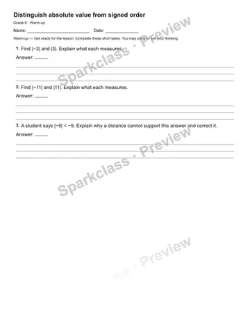 Distinguish absolute value from signed order — Warm-up — Grade 6 worksheet preview