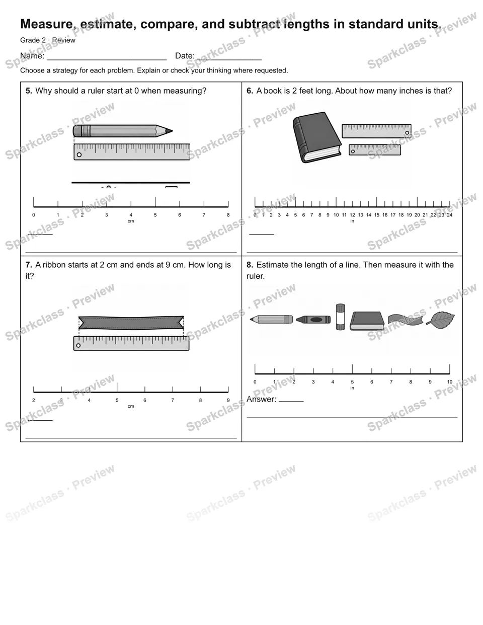 Measure, estimate, compare, and subtract lengths in standard units. — Review — page 2