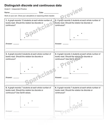 Distinguish discrete and continuous data — Independent Practice — Grade 8 worksheet preview