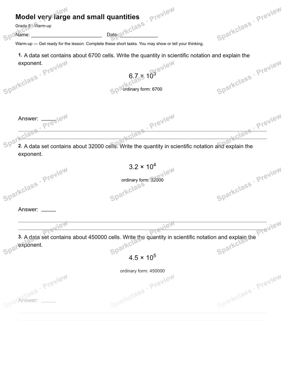 Model very large and small quantities — Warm-up — page 1