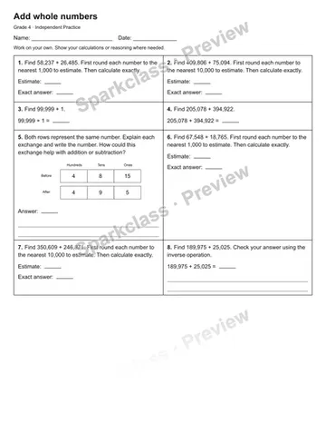 Add whole numbers — Independent Practice — Grade 4 worksheet preview
