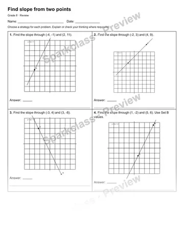 Find slope from two points — Review — Grade 8 worksheet preview
