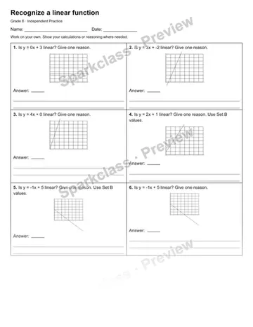 Recognize a linear function — Independent Practice — Grade 8 worksheet preview