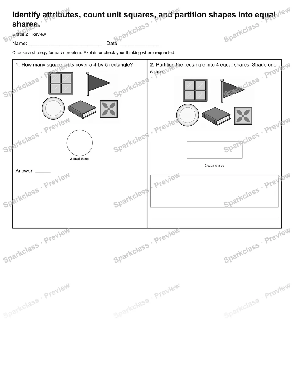 Identify attributes, count unit squares, and partition shapes into equal shares. — Review — page 1