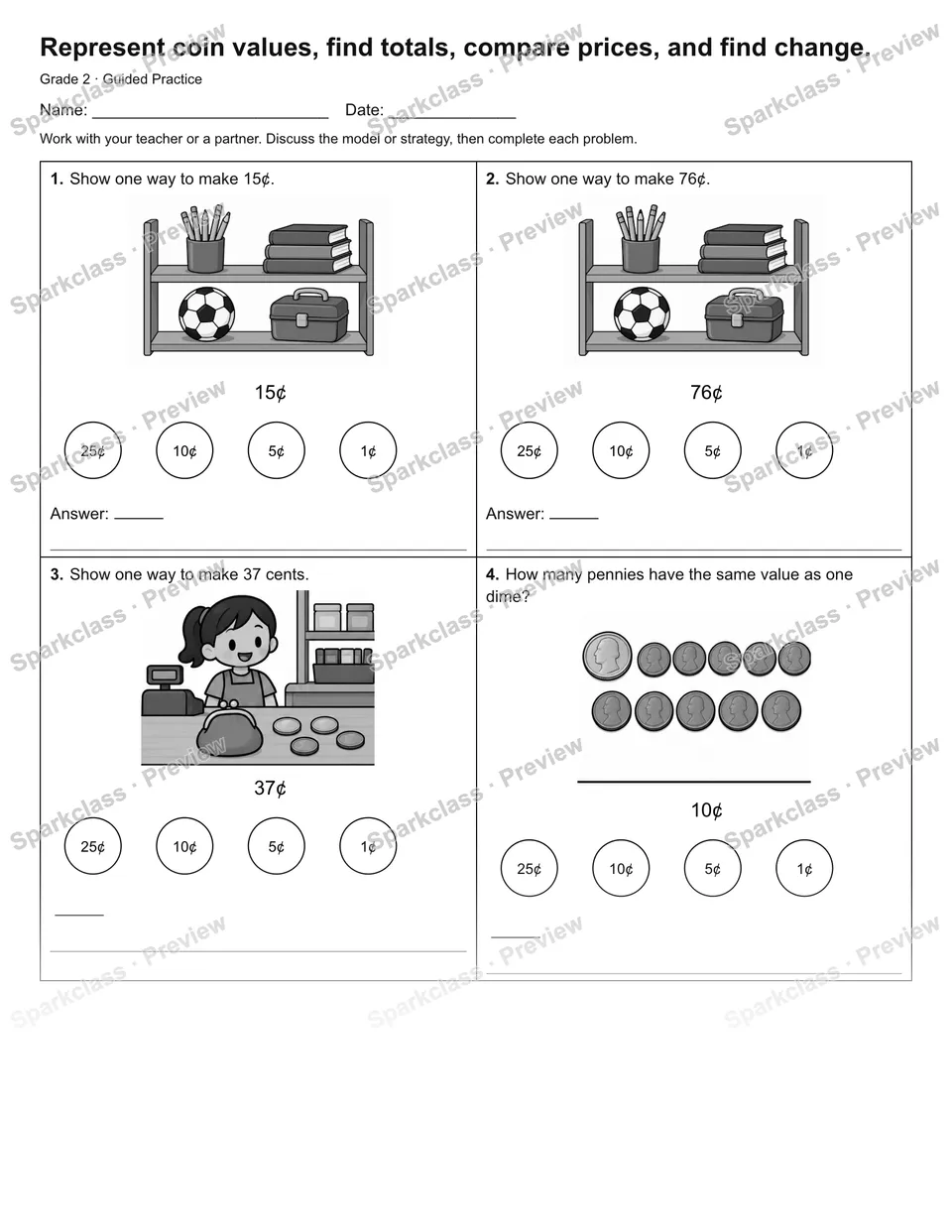 Represent coin values, find totals, compare prices, and find change. — Guided Practice — page 1