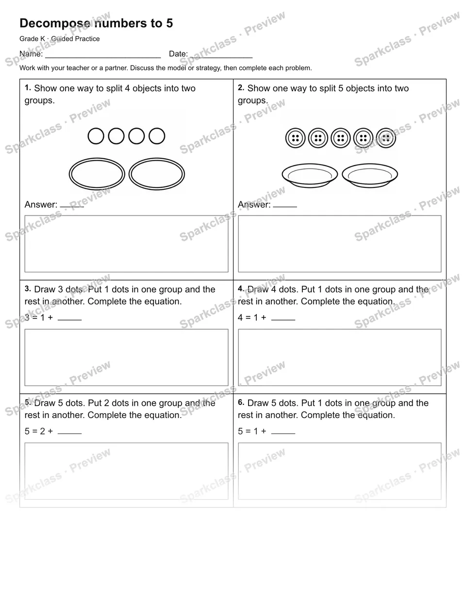 Decompose numbers to 5 — Guided Practice — page 1