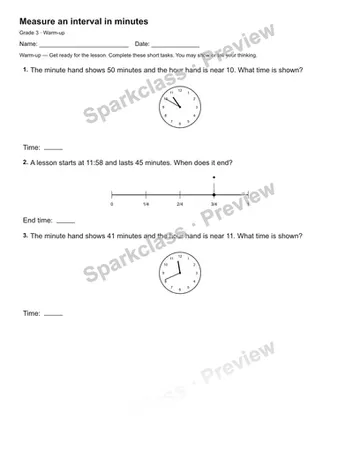 Measure an interval in minutes — Warm-up — Grade 3 worksheet preview