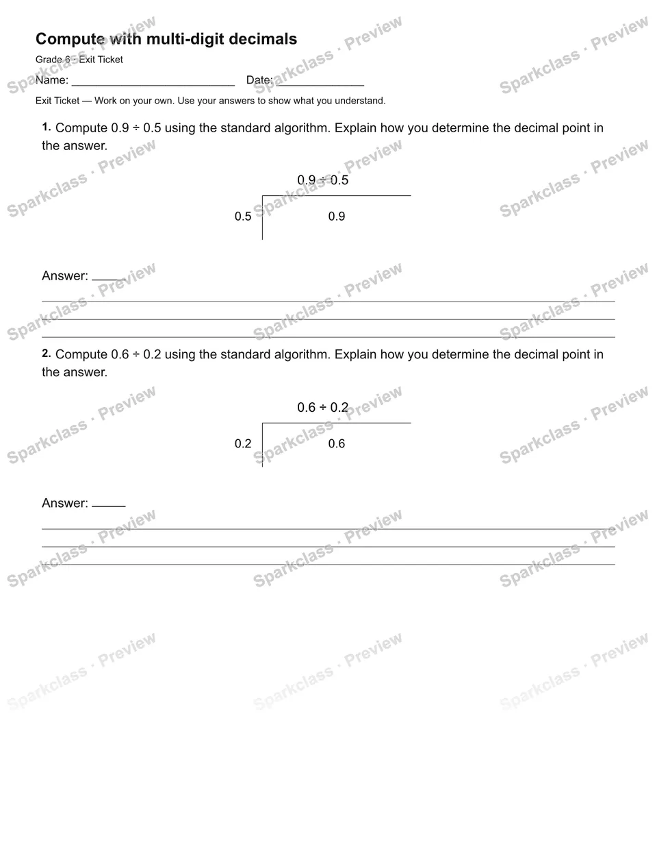 Compute with multi-digit decimals — Exit Ticket — page 1