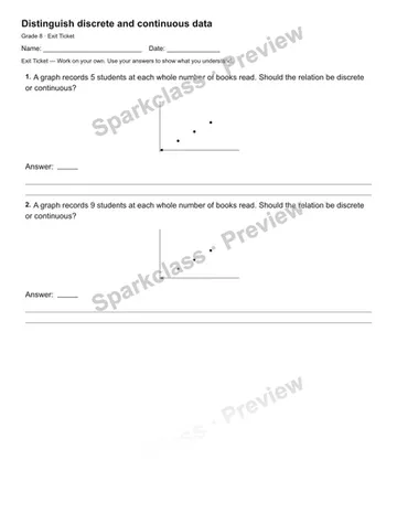 Distinguish discrete and continuous data — Exit Ticket — Grade 8 worksheet preview