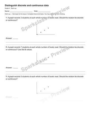 Distinguish discrete and continuous data — Warm-up — Grade 8 worksheet preview