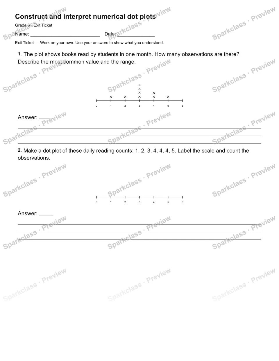 Construct and interpret numerical dot plots — Exit Ticket — page 2