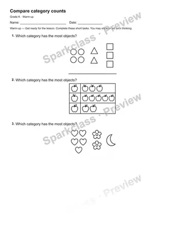 Compare category counts — Warm-up — Kindergarten worksheet preview