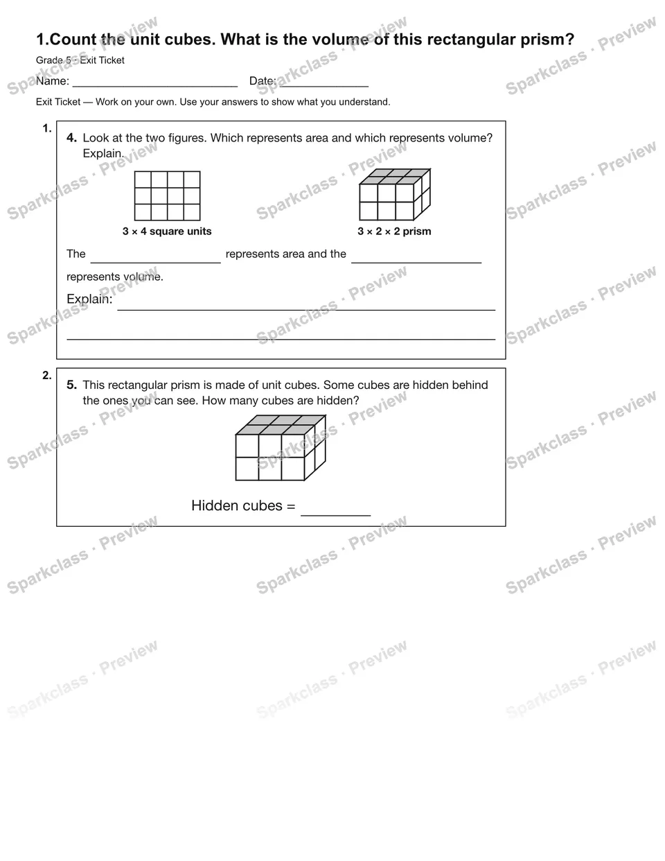 1.Count the unit cubes. What is the volume of this rectangular prism? — Exit Ticket — page 2