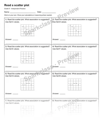 Read a scatter plot — Independent Practice — Grade 8 worksheet preview