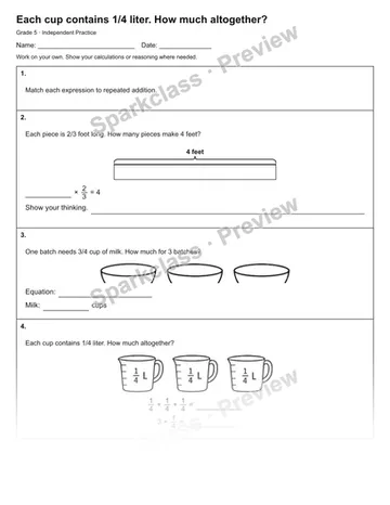 Each cup contains 1/4 liter. How much altogether? — Independent Practice — Grade 5 worksheet preview