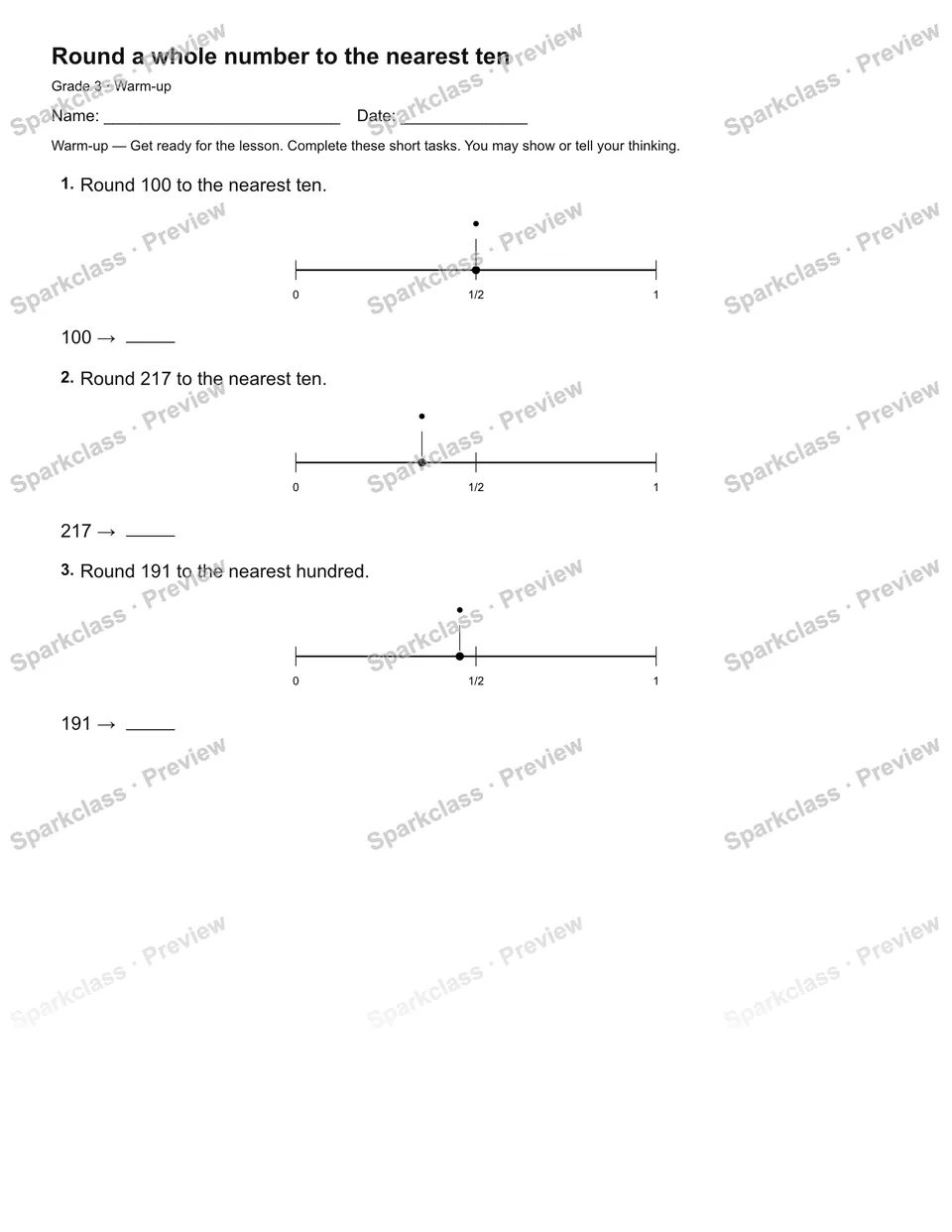 Round a whole number to the nearest ten — Warm-up — page 1