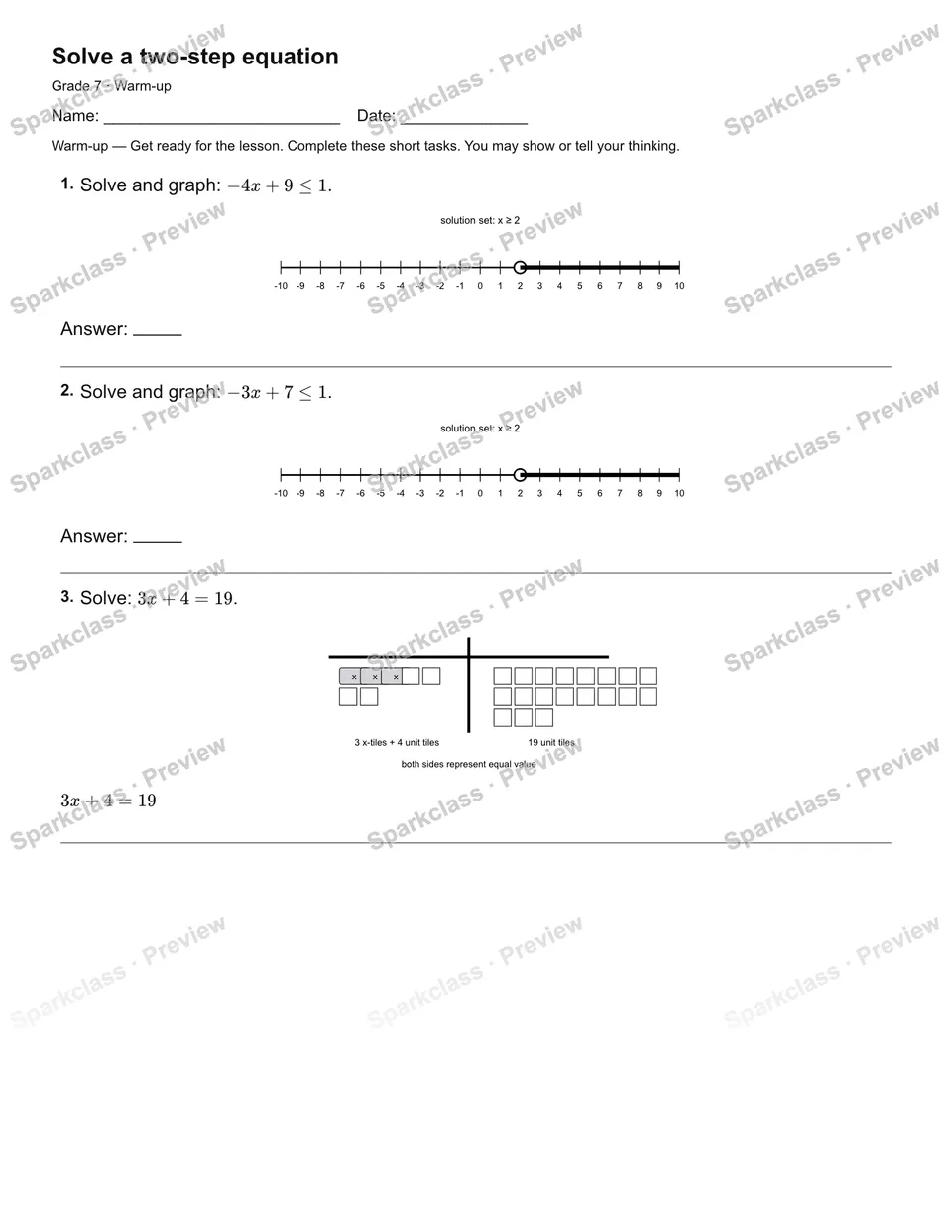 Solve a two-step equation — Warm-up — page 1