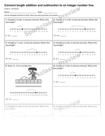 Connect length addition and subtraction to an integer number line. — Homework — Grade 2 worksheet preview