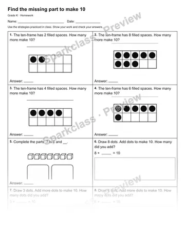 Find the missing part to make 10 — Homework — Kindergarten worksheet preview