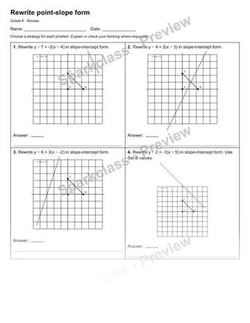 Rewrite point-slope form — Review — Grade 8 worksheet preview