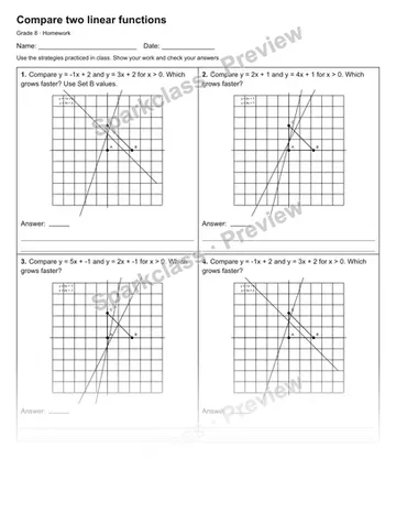 Compare two linear functions — Homework — Grade 8 worksheet preview