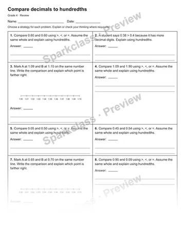 Compare decimals to hundredths — Review — Grade 4 worksheet preview
