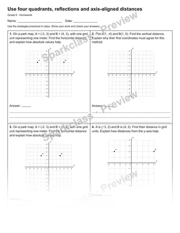 Use four quadrants, reflections and axis-aligned distances — Homework — Grade 6 worksheet preview
