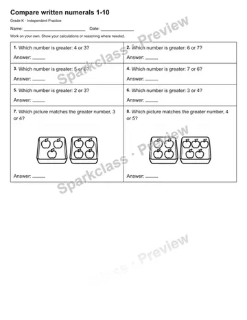 Compare written numerals 1-10 — Independent Practice — Kindergarten worksheet preview
