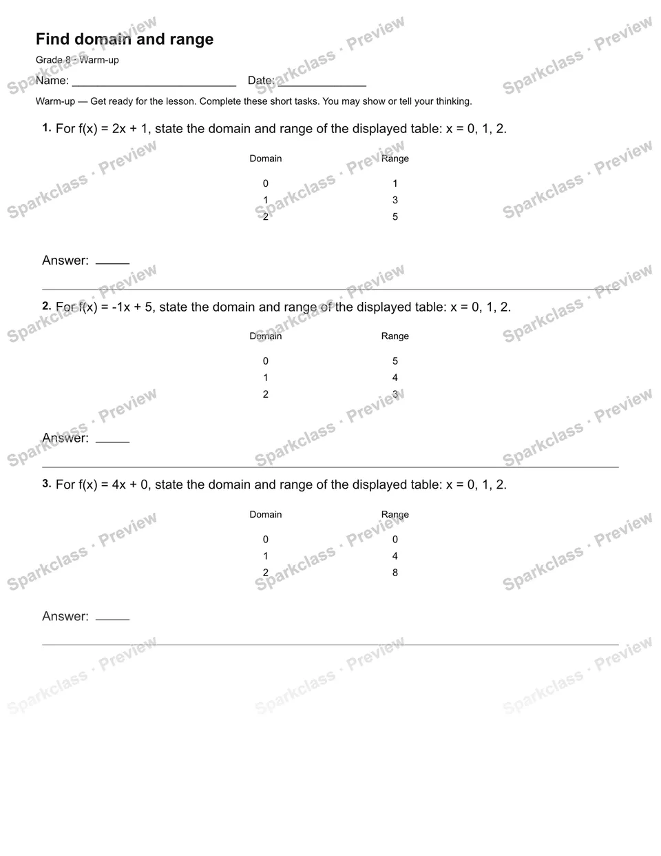 Find domain and range — Warm-up — page 1