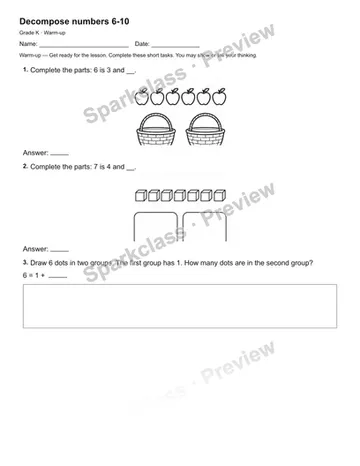 Decompose numbers 6-10 — Warm-up — Kindergarten worksheet preview