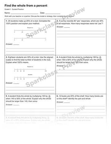 Find the whole from a percent — Guided Practice — Grade 6 worksheet preview