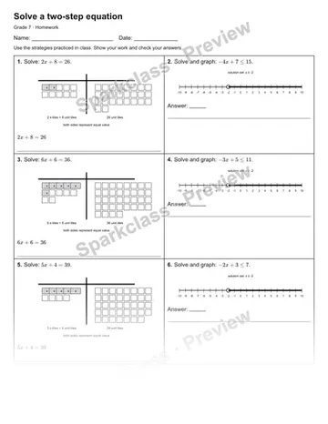 Solve a two-step equation — Homework — Grade 7 worksheet preview