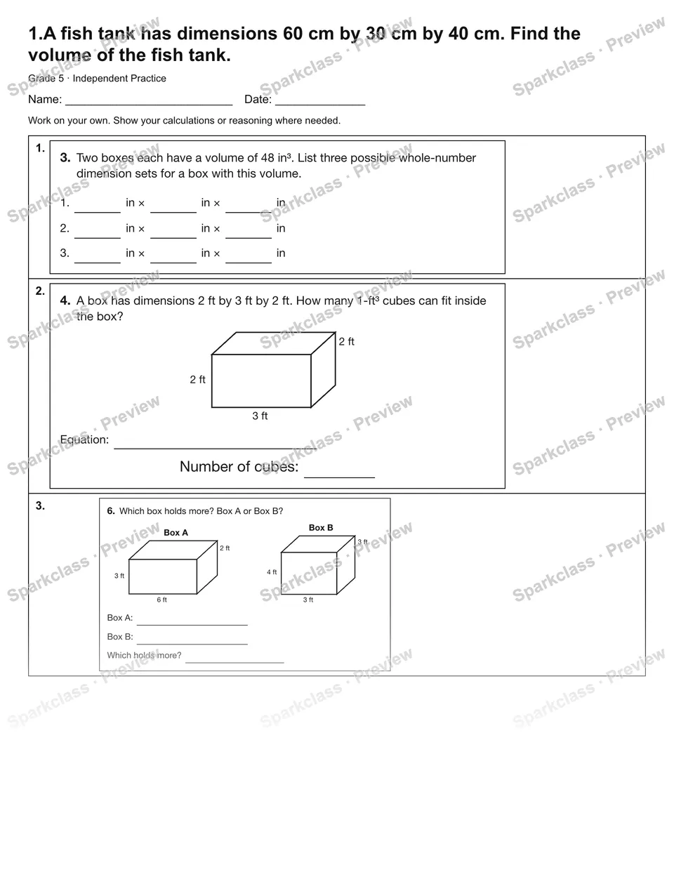 1.A fish tank has dimensions 60 cm by 30 cm by 40 cm. Find the volume of the fish tank. — Independent Practice — page 1