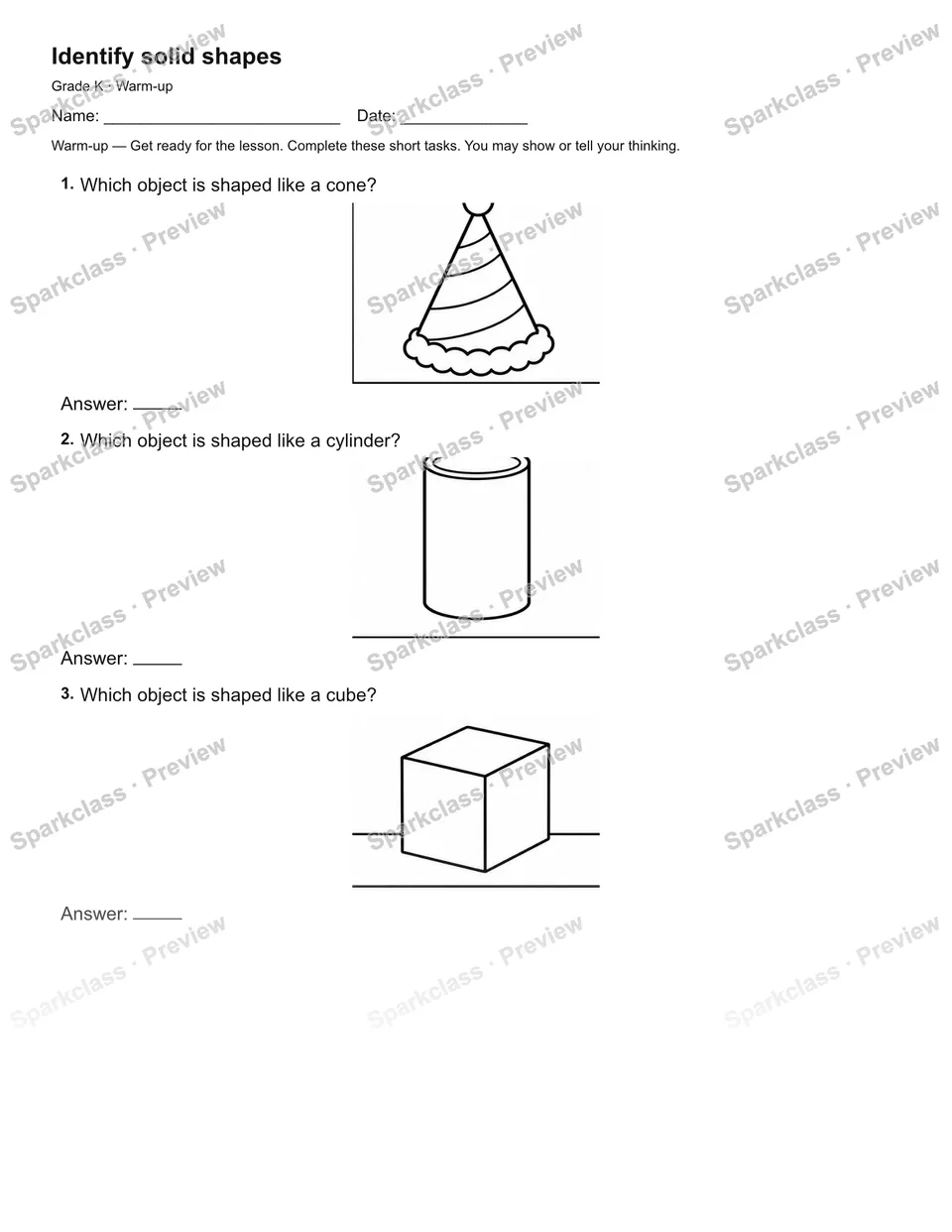 Identify solid shapes — Warm-up — page 1