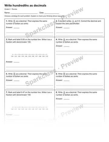 Write hundredths as decimals — Review — Grade 4 worksheet preview