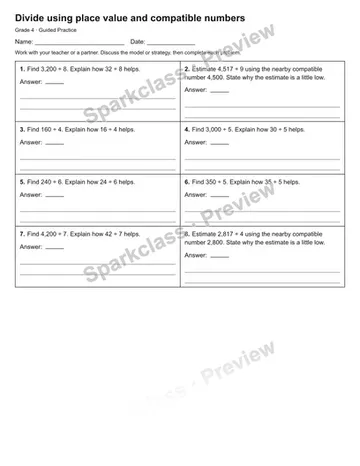 Divide using place value and compatible numbers — Guided Practice — Grade 4 worksheet preview