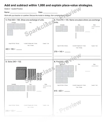 Add and subtract within 1,000 and explain place-value strategies. — Guided Practice — Grade 2 worksheet preview