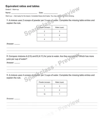 Equivalent ratios and tables — Warm-up — Grade 6 worksheet preview