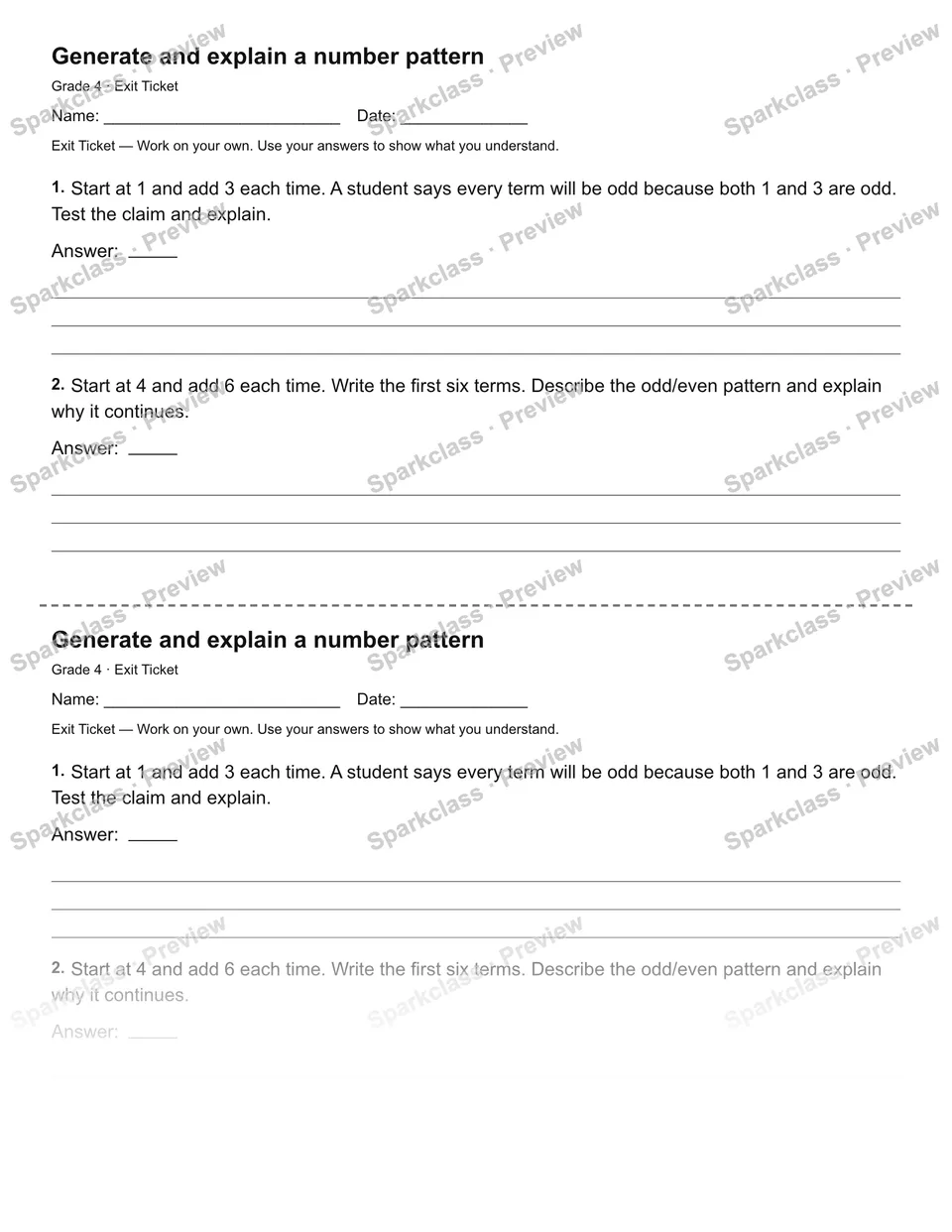 Generate and explain a number pattern — Exit Ticket — page 1