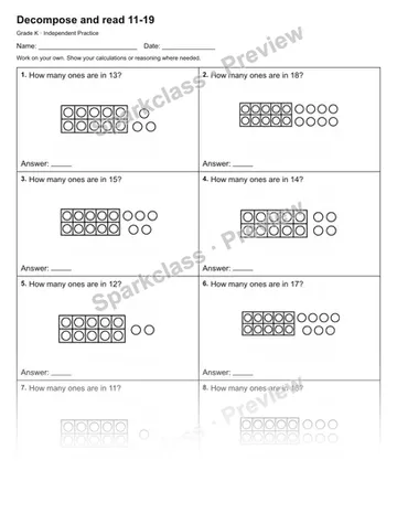 Decompose and read 11-19 — Independent Practice — Kindergarten worksheet preview