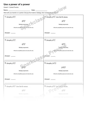 Use a power of a power — Guided Practice — Grade 8 worksheet preview