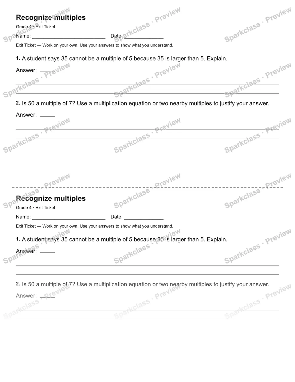 Recognize multiples — Exit Ticket — page 1