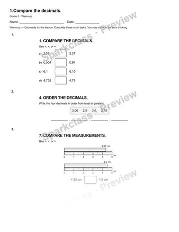 1.Compare the decimals. — Warm-up — Grade 5 worksheet preview