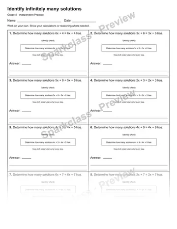 Identify infinitely many solutions — Independent Practice — Grade 8 worksheet preview