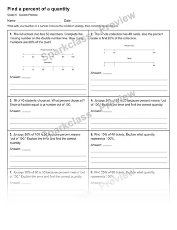 Find a percent of a quantity — Guided Practice — Grade 6 worksheet preview