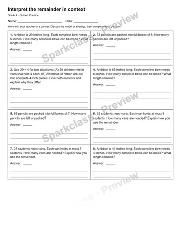Interpret the remainder in context — Guided Practice — Grade 4 worksheet preview